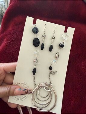 Silver Multi-Ring Pendant Necklace with Black and Clear Beads - Women Jewelry
